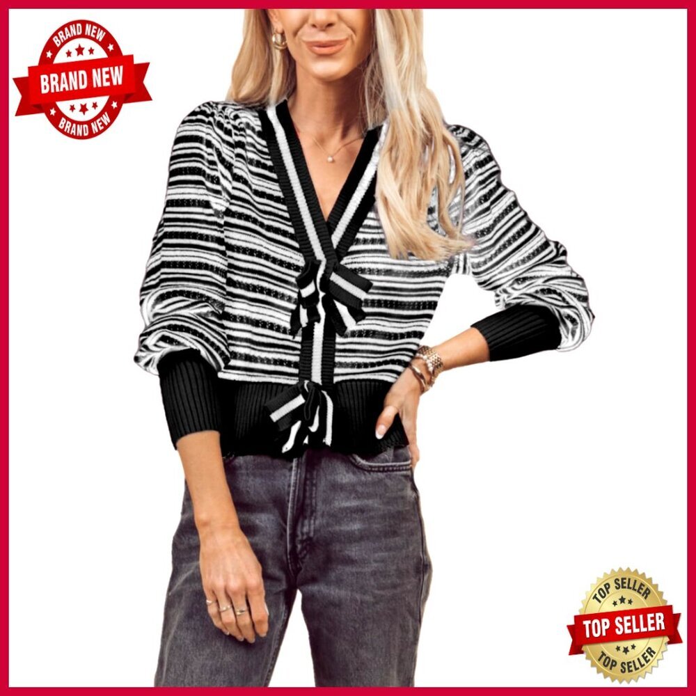 Striped Bow Cardigan V Neck Long Sleeve Ribbed Knit Cropped Pullover Sweater